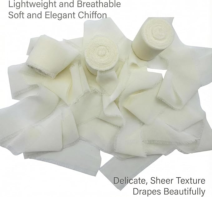 Handmade Chiffon Ribbon 1.5 Inch Wide, 3 Rolls 21 Yards, Soft Frayed Edge Ribbon for Wedding Invitations, Bouquets, Gift Wrapping & Craft Decor (Cream White)
