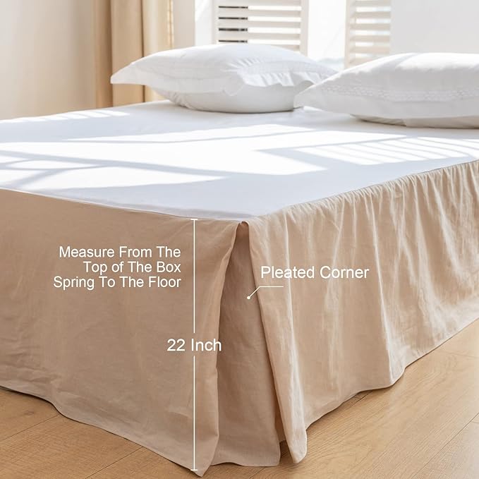 BISELINA French Linen Bed Skirt with Pleated Corner 22-Inch Tailored Drop Natural Flax Cotton Blend Basic Dust Ruffle Soft Cozy Farmhouse Bedding (22" Queen, Basic Linen)