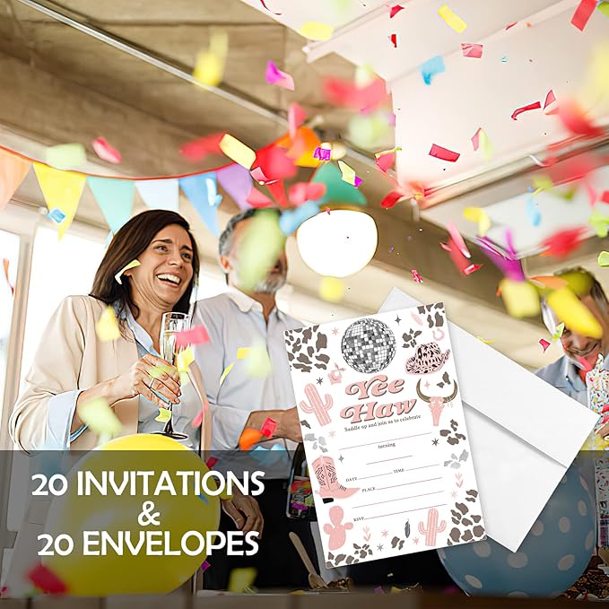 20 Sets Cowgirl Yee Haw Birthday Party Invitations With Envelopes,Western Disco Ball Double-sided Printed Birthday Party Invitation Invite Cards for Baby Girls,Saddle Up Birthday Invites