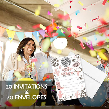 20 Sets Cowgirl Yee Haw Birthday Party Invitations With Envelopes,Western Disco Ball Double-sided Printed Birthday Party Invitation Invite Cards for Baby Girls,Saddle Up Birthday Invites