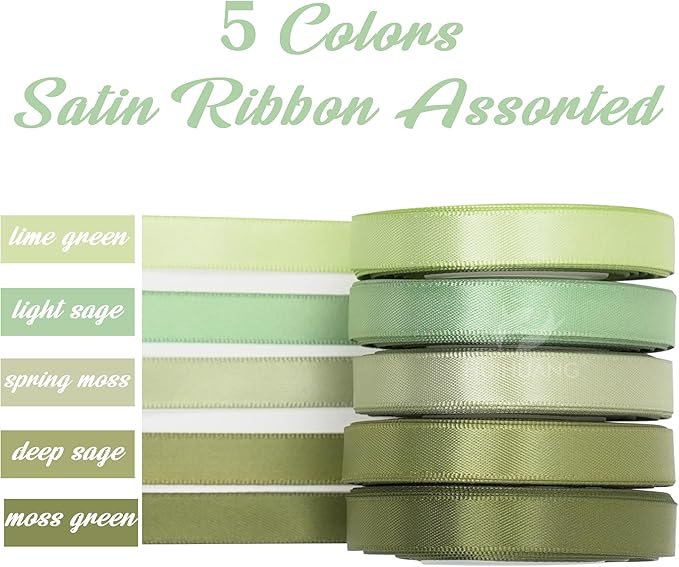 HUIHUANG Sage Green Satin Ribbon 3/8 inch x 50 Yards, Sage/Moss/Light Green/Dusty Sage Satin Assorted Ribbons for Gift Wrapping Bridal Baby Shower Decor Floral Bouquet DIY Crafts
