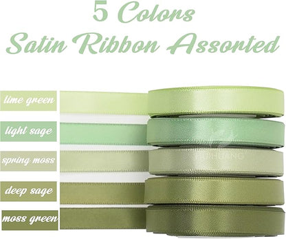 HUIHUANG Sage Green Satin Ribbon 3/8 inch x 50 Yards, Sage/Moss/Light Green/Dusty Sage Satin Assorted Ribbons for Gift Wrapping Bridal Baby Shower Decor Floral Bouquet DIY Crafts