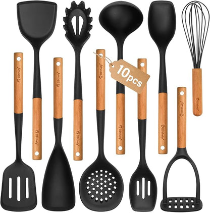 Large Silicone Cooking Utensils Set, 10Pcs Nonstick Kitchen Utensil Set with Wooden Handle, Heat Resistant Silicone Utensils for Cooking, BPA Free Spatula Set with Turners Spoon Ladle Skimmer(Black)