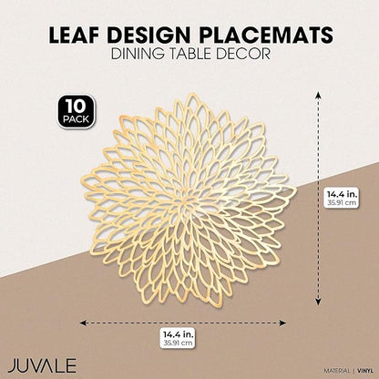 Juvale 10 Pack Gold Vinyl Placemats - 14.4" x 14.4" Round Table Mats and Plate Chargers with Leaf Design for Elegant Table Decor and Protection - Stylish Charger Plates for Events and Wedding Parties