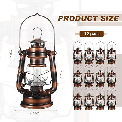Hortsun 12 Pieces 8 Inch Vintage LED Hurricane Lantern 12 Warm LEDs and Dimmer Switch Battery Operated Farmers Hanging Lantern for Indoor Outdoor Camping Usage Decor