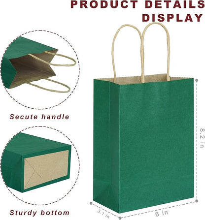 25 PCS Small Gift Bags Kraft Paper Bags with Handles for Party Favor (Dark Green, 8.2 x 6 x 3.1 in)