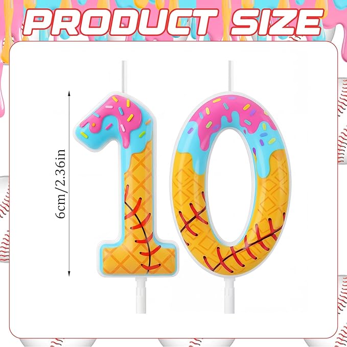 Conelist 10th Baseball Ice Cream Drip Birthday Number Candles Baseball Drip Cake Topper Candle Cupcake Topper Decoration for Sport Theme Happy Birthday Party Favors Anniversary Supplies(2 Pcs)