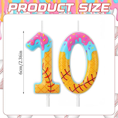 Conelist 10th Baseball Ice Cream Drip Birthday Number Candles Baseball Drip Cake Topper Candle Cupcake Topper Decoration for Sport Theme Happy Birthday Party Favors Anniversary Supplies(2 Pcs)