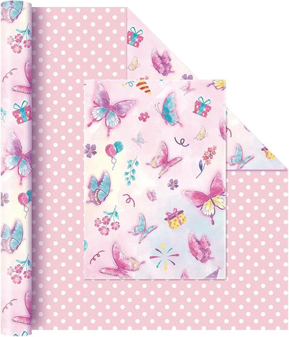 WERNNSAI Butterfly Wrapping Paper Roll - 1 Roll 17” x 33 ft Butterfly Fairy Wrapping Paper Pink Purple Flower Gift Packing for Kids Girls Birthday Baby Shower Bridal Shower Decor Reversible Polka Dot