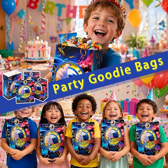 EomkuDzG 16 PCS Blue Hedgehog Video Game Party Favor Bags with Stickers, Birthday Goodie Gift Candy Treat Bags, Blue Gold Ring Gamer Theme Party Supplies