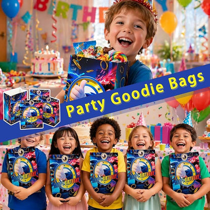 EomkuDzG 16 PCS Blue Hedgehog Video Game Party Favor Bags with Stickers, Birthday Goodie Gift Candy Treat Bags, Blue Gold Ring Gamer Theme Party Supplies