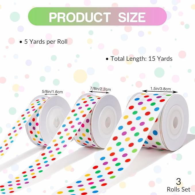 Polka Dot Ribbon Set 3 Rolls 5/8", 7/8", 1.5" Rainbow Colored Dot Grosgrain Ribbons for Gift Wrapping, Birthday Party, Baby Shower, Wreaths, Hair Bows, Banners, Candy Bags, DIY Crafts