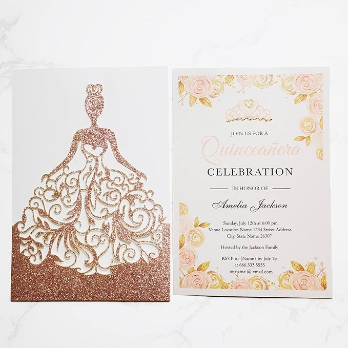 50PCS Personalized Wedding Invitations Cards with Envelopes 5 x7.3 Inch Laser Cut Hollow Girl Princess Pocket with Envelopes Crown Invitations Cards for Quinceañera Birthday Sweet 16, Party Invite (Rose Gold Glitter)