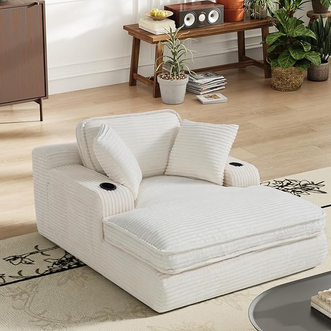 67" Chaise Lounge Chair Indoor, Cozy Oversized Fluffy Sofa with Cup Holders & Throw Pillows, Boneless Sleeper Cloud Couch for Living Room, Movie Room and Apartments, Beige