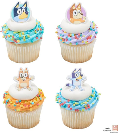 DecoPac Bluey So Much Fun Rings, 24 Cupcake Decorations Featuring Bluey, Bingo, Bandit, and Chilli, 3D Food Safe Cake Toppers – 24 Pack