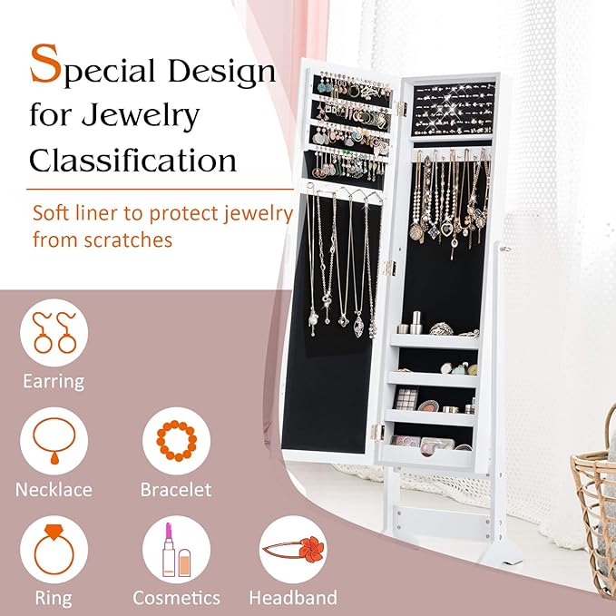 Giantex Jewelry Cabinet with Full-Length Mirror, Standing Jewelry Armoire Organizer with 64 Earring Slots, 72 Ring Slots, 20 Necklace Hooks, 4 Storage Shelves, 3 Angle Adjustable (White)