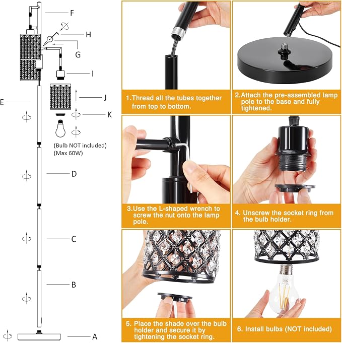 GyroVu Crystal Floor Lamps for Living Room, 3-Light Black Floor Lamp, Standing Tall Lamp with Elegant K9 Crystal Shade & Rotary Switch, Modern Corner Floor Lamp for Bedroom, Home Office, Reading