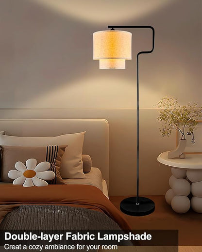 Lightdot 62IN Floor Lamps for Living Room, Modern Standing Tall Lamps with Double Linen Shades, 3000K Arc Bohemian Floor Lamp with Foot Switch for Wedding/Party, Bedroom, Home Office-Black