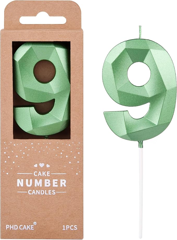 PHD CAKE 2.76 Inch Crystal Green 9 Number Cake Candle, Numeral Birthday Candles, Green Number Candles, Party Celebration