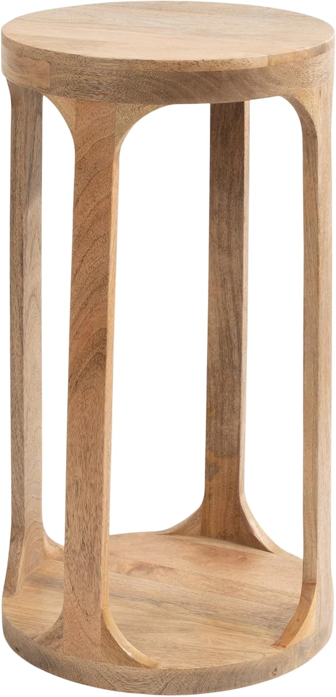 Kate and Laurel Dahl Wooden Round Drink Table; 12 x 23; Natural Brown; Transitional Boho Circle Wood Accent Pedestal Table for Living Room Plant Stand or Small Bedroom Nightstand