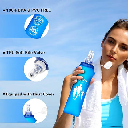 Qidoe 2 Pack Running Vest Soft Flask, 17oz/500ml BPA-Free TPU Collapsible Soft Water Bottle for Hydration Pack, Running Vest, Folding Water Bottles for Hiking Cycling Climbing