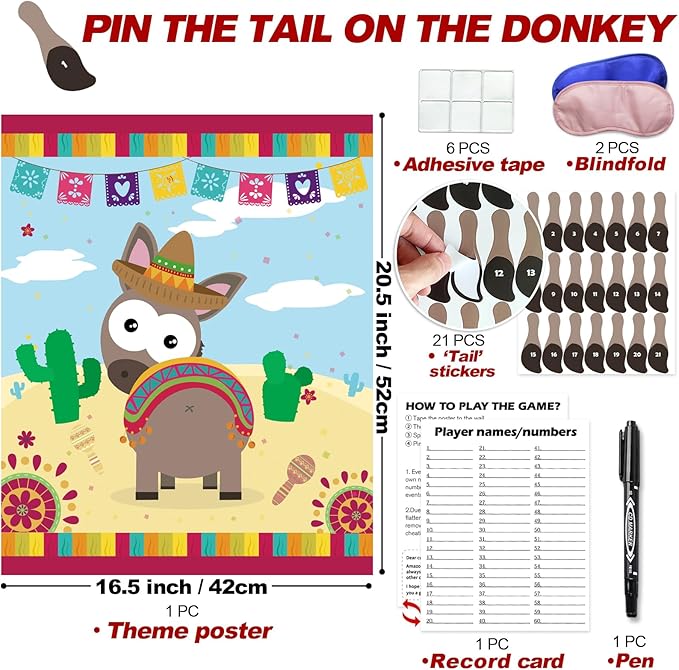 PARTYLOUD Mexican Party Games, Pin Tail on The Donkey, Mexican Fiesta Party Games Classroom Toddlers Preschool Party Supplies Favors for Boys Girls Adults