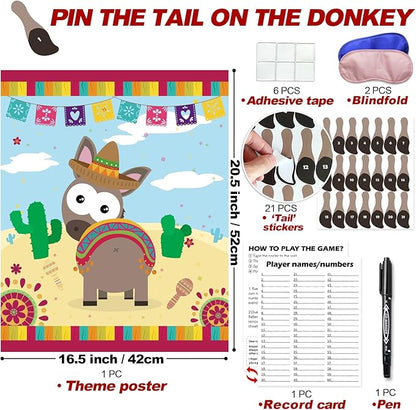 PARTYLOUD Mexican Party Games, Pin Tail on The Donkey, Mexican Fiesta Party Games Classroom Toddlers Preschool Party Supplies Favors for Boys Girls Adults
