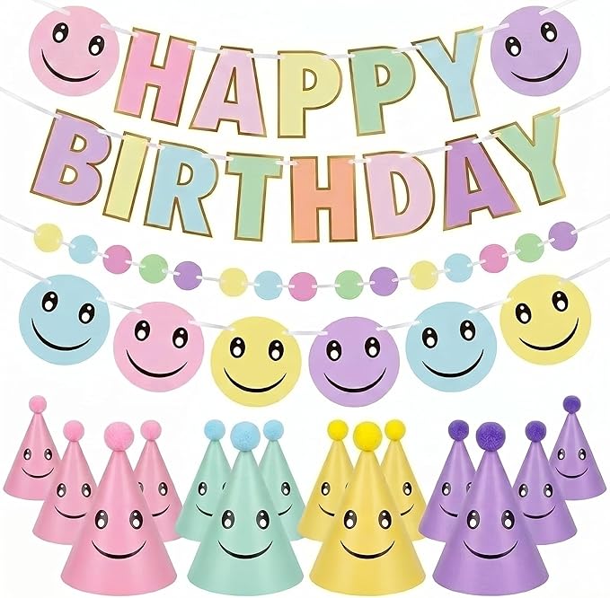 AmazingSpark 25 Pcs Smile Face Birthday Party Set Includes 24 Retro Smile Face Pattern Cone Hats with Pompoms and 1 Happy Birthday Banner for Parties Baby Shower Photo Props Decorations