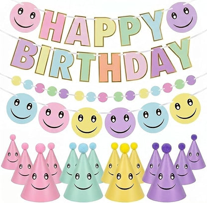 AmazingSpark 25 Pcs Smile Face Birthday Party Set Includes 24 Retro Smile Face Pattern Cone Hats with Pompoms and 1 Happy Birthday Banner for Parties Baby Shower Photo Props Decorations