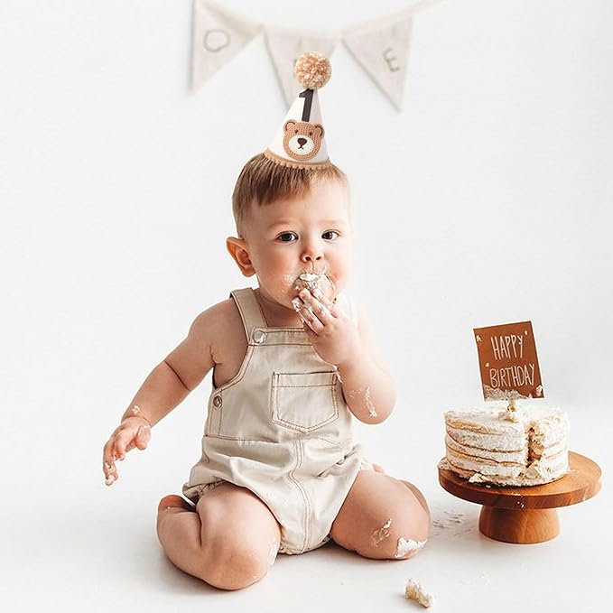 Bear 1st Birthday Party Decorations - Teddy Bear Crown Outfit, Woodland Camping Theme, Cone Hat