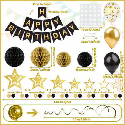 ZERODECO Black Gold Birthday Decorations, Easy to Assemble Happy Birthday Banner with Honeycomb Ball, Balloon, Hanging Swirl Streamer, Garland, Party Decorations for Women Men