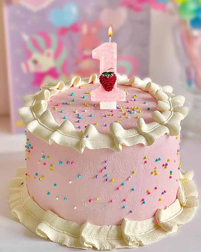 Birthday Candles for Cake, Pink Number Candles, Cake Candles with Greeting Card for Birthday Party Wedding Anniversary Celebrations (Strawberry 1 Candle)