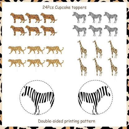 Sursurprise Young Wild & Three Cake Topper Jungle Animals Cupcake Toppers, Safari Jungle Animal Print Happy 3rd Birthday Cake Decor, Third Birthday Party Decorations 25 Pack