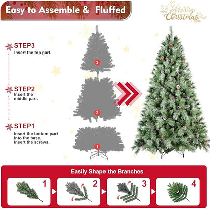 6FT Frosted Christmas Tree with 66 Pine Cone & Pine Needles, Premium Unlit Artificial Christmas Tree with 988 Branch Tips, Realistic Hinged Xmas Trees with Metal Stand for Holiday Decoration
