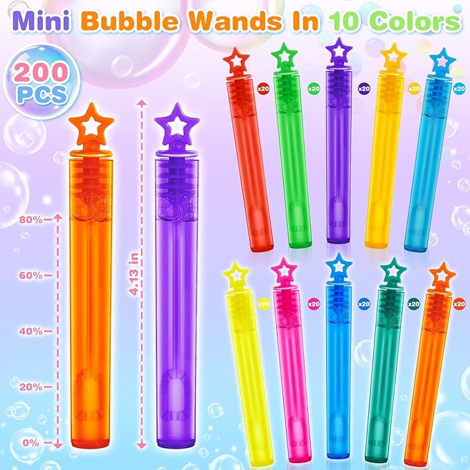 200 Pcs Mini Bubble Wands for Kids, Bulk Bubble Wands in 10 Colors, Kids Party Favor, Themed Birthday, Christmas, Goodies Bags, Wedding, Carnival Prizes Toys, Bubble Summer Outdoor Gifts for Kids