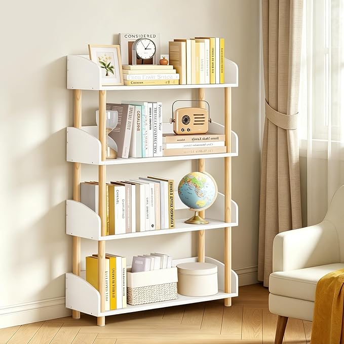 4-Tier Wooden Bookshelf, Modern Open Bookcase