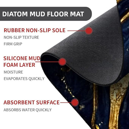 Diatomaceous Earth Bath Mat,Blue and Gold Marble Texture Non-Slip Volume Super Absorbent Fast Drying for Bathroom Kitchen Door mat,Eco-Friendly Easy to Clean 20×31Inch(50 * 80cm)