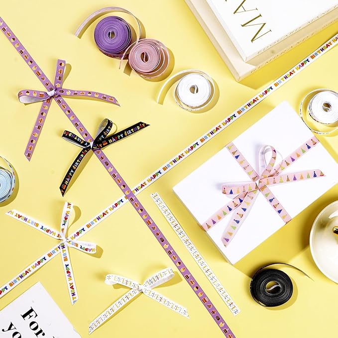 6 Roll Happy Birthday Birthday Ribbon Set, 3/8 Inch x 30 Yards Grosgrain Decorative Ribbons, Candle Cake Gift Pattern Colorful Ribbons for Gift Wrapping Birthday Baby Shower Decoration