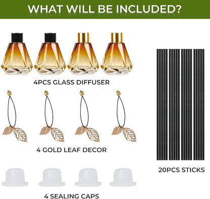 Reed Diffuser, Reed Diffuser Empty Bottles with 20pcs Reed Diffuser Sticks, Delicate Gold Leaf Decor, Glass Fragrance Diffuser Set with lids for Home… (Black+Gold, 4PCS)
