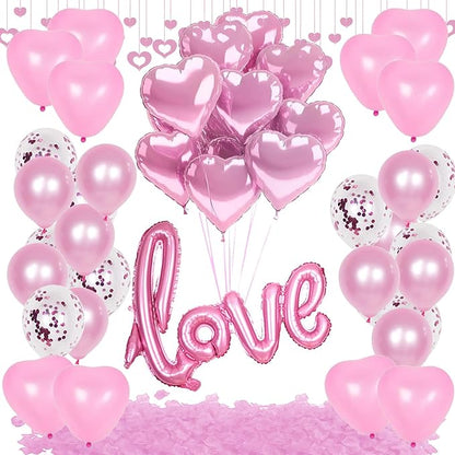 128 PCS Valentine's Day Balloon Garland Arch Kit Hot Pink Love Heart Latex Metallic Confetti Balloons for Princess Theme Bridal Wedding Valentine's Day Party Background Decorations