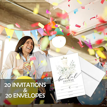 AEHIE 20 Sets Bridal Shower Invitations With Envelopes, Eucalyptus Leaf Double-Sided Printed Invitation Cards for Weddings, Engagement Showers, Parties and Receptions