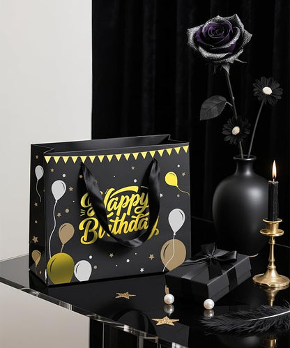 Black Birthday Gift Bag for Men – 12.5 Inch Medium Size with Tissue Paper and Greeting Card – Perfect for Boyfriend, Husband or Dad (1 Piece, Foil Stamping)