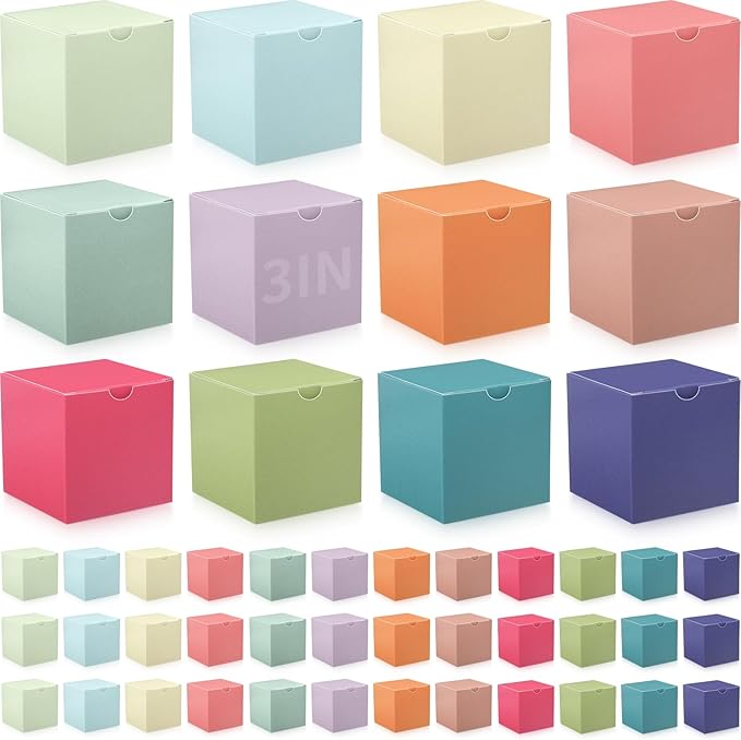 Zhehao 48 Pack Colorful Gift Boxes Small Cardboard Gift Boxes with Lids Bulk 3 x 3 x 3 Inch Square Kraft Cube Paper Box Assemble for Candles Wedding Presents Easy Birthday