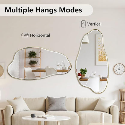 POZINO Large Irregular Beveled Mirror, 53.5"x27" Asymmetrical Wall Mirror with Gold Metal Frame, Organic Shape Mirrors for Entryway Bathroom Bedroom Hallway Living Room, Horizontal or Vertical Hanging