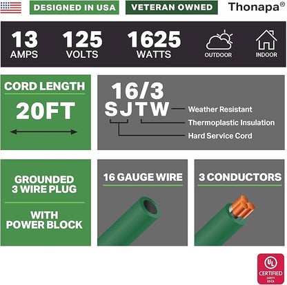 Thonapa Weatherproof Green Extension Cord 20 ft 3 Outlets, 16/3 SJTW Outdoor Extension Cord with Multiple Outlets 20 Foot, 13 AMP Exterior Electric Cable 3 Way Plug for for Outdoor Lights, Landscaping