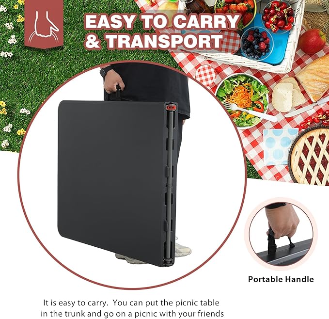 Folding Table 6 FT Heavy Duty Plastic Foldable Table with Carrying Handle for Garden Party Picnic Camping BBQ Dining Kitchen Wedding Market Events, Black