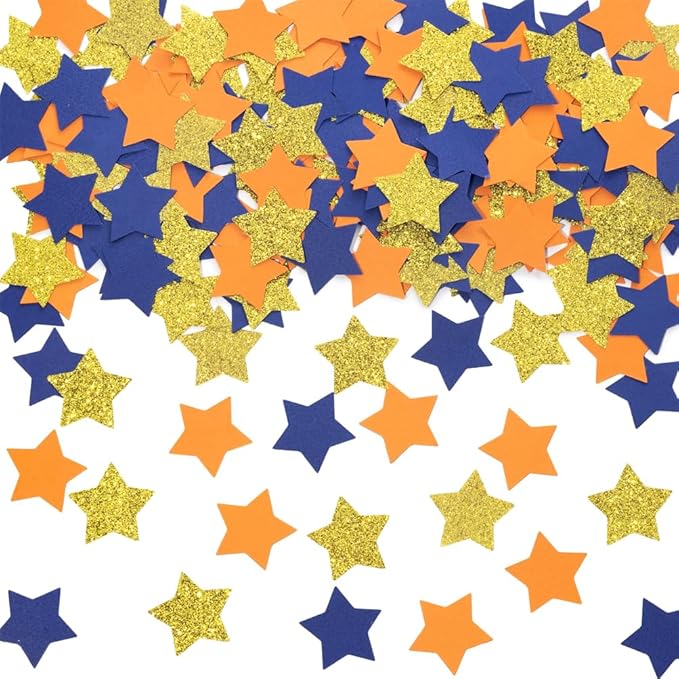 Gold Blue and Orange Star Confetti Table Decoration for Graduation Birthday Retirement Theme Party,1.2 inch in Diameter,200 Counts