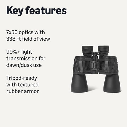Amazon Basics 7x50 High Power Binoculars, Wide Field of View, FMC Optics, Tripod Compatible, BAK-4 Prism, Rubber Armor, Black