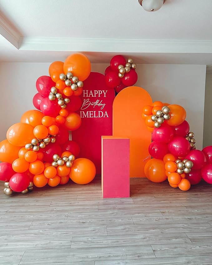 Pink and Orange Balloons Arch Kit, 124pcs Hot Pink Orange Metallic Gold Balloons with 16ft Tape Strip & Dot Glue for Birthday Baby Shower Wedding Party Decorations
