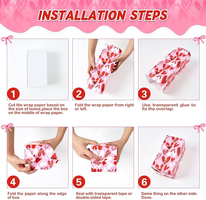 WERNNSAI Valentines Wrapping Paper Rolls - 3 Roll 17”x 120” Happy Valentines Day Gift Wrap Supply Red Love Heart Stripe Design Girls Princess Style for Women Valentine Date Favor